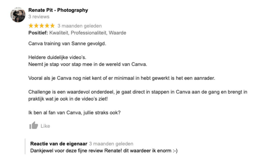Review online Canva Queen training Renate Pit Photography klein